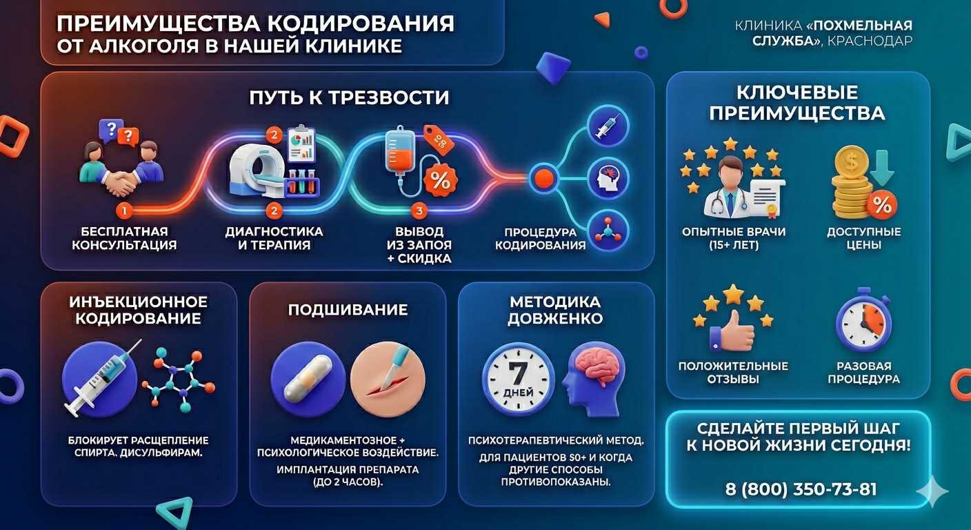 Инфографика о методах кодирования от алкоголя в Красном Селе: инъекции, подшивание, метод Довженко. Преимущества клиники и этапы лечения.