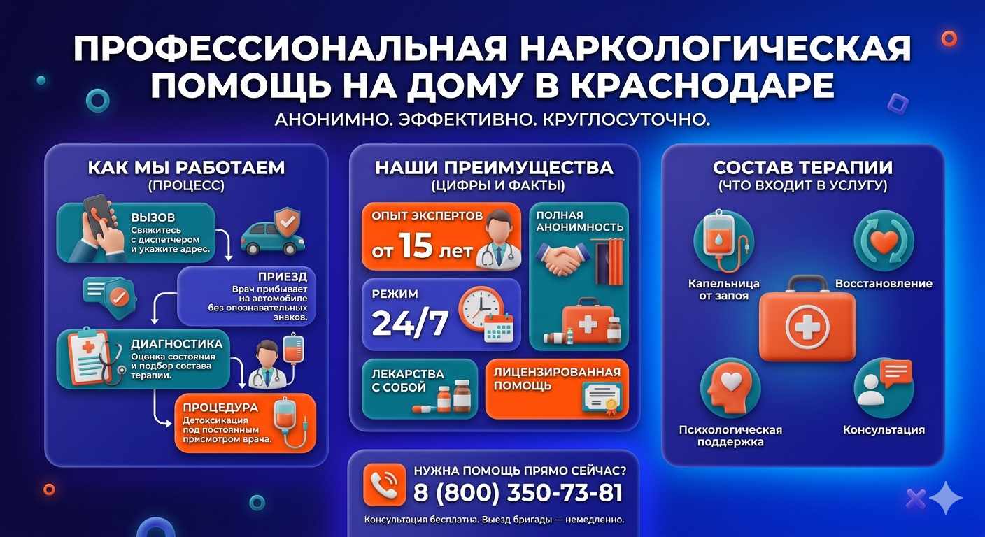 Инфографика о принципах лечения алкоголизма на дому в Красном Селе: этапы вызова нарколога, преимущества анонимной детоксикации и состав медицинской помощи.